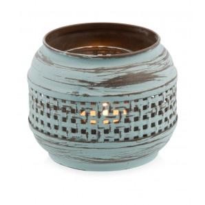 Feather & Tail Interiors Pic 3 - Antique Blue Candle Holder Metal Mesh Height 10cm Width 13cm Glass insert Height 85cm Width 7cm