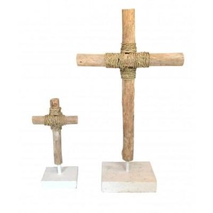 Feather & Tail Interiors Pic 4 - Driftwood Cross on wood BaseSet 2 Mounted on white timber base perfect for a bookcase or coffee table Large Height 47cm Small Heigh27cm