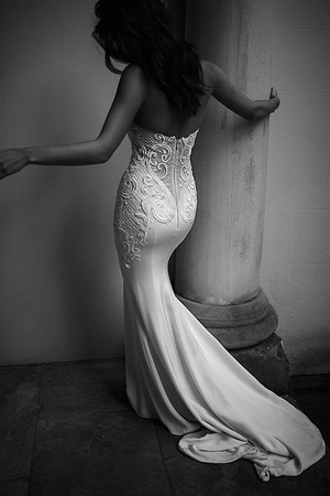 Moira Hughes Bridal Couture Pic 4 - Sleek modern and timeless Tegan has been designed with a new mechanical lace The silk crepe silhouette hugs and flatters in a feminine silhouette while the strong bold lace contrast perfectly For the strong bold woman in love