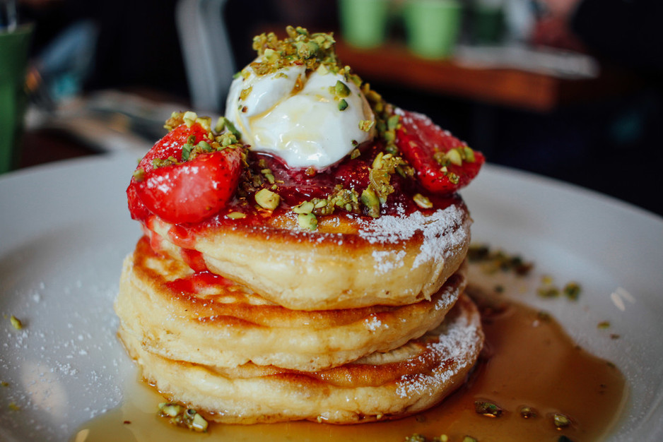 The Moody Chef Pic 1 - Strawberry Rhubarb Pancakes with Mascarpone Pistachio crumbled Maple Syrup