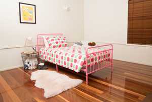 Gummybabies.com.au Pic 4 - The Akuna Metal Bed in pink with Brolga Single Mattress and Apples Quilt Cover