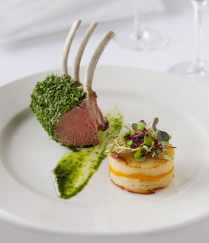 Blanco Food & Events Pic 3 - Venue Catering and Outside Catering Main Course Rack of Lamb Herb Crusted potato gratin salsa verde