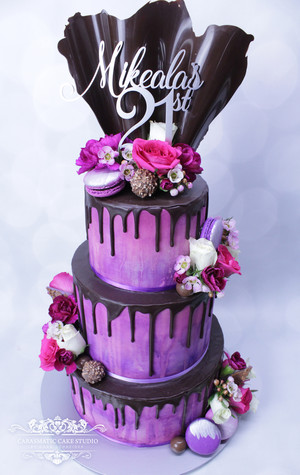 Carasmatic Cake Studio Pic 5 - Purple and Pink Watercolour Drip Floral Birthday Cake