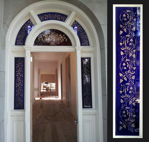 Aurora Glass Sandblasting Pic 2 - Blue Arch Door surround sandblasted with Fuchsia design