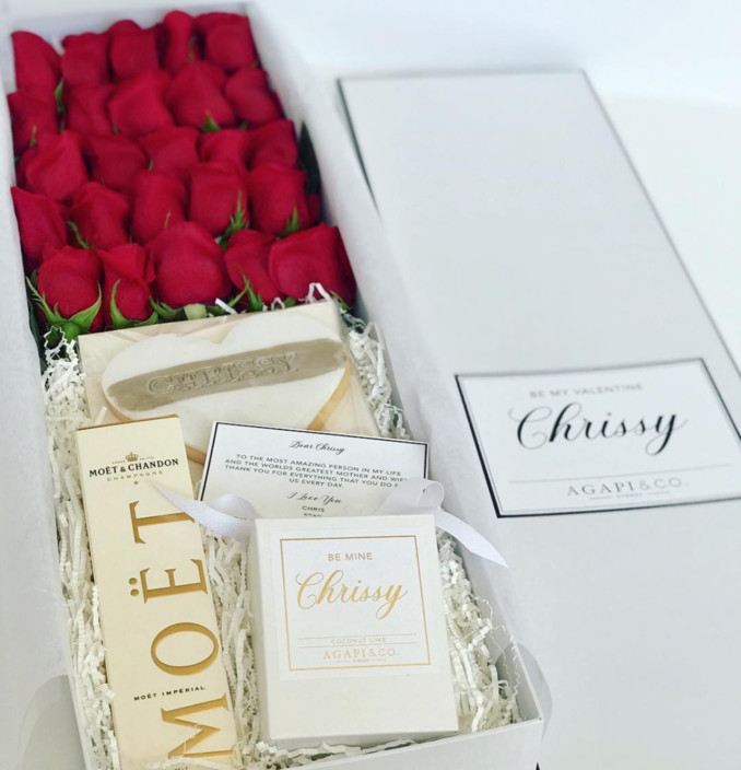 Agapi and Co Pic 1 - Valentines Day Roses Moet Personalised Cookie Personalised Candle in our Agapi Co Hamper