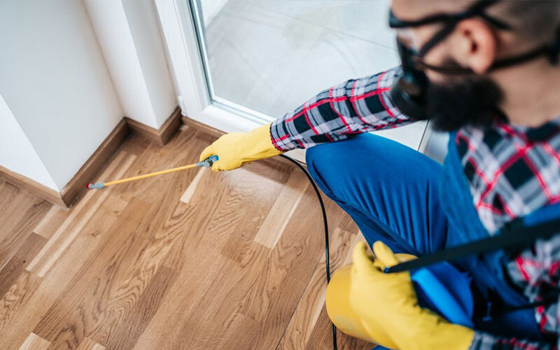 Trust Pest Control Melbourne Pic 1 - Professional exterminator in protective workwear spraying pesticide in apartment kitchen