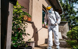 Trust Pest Control Melbourne Pic 2 - Male person in white chemical protection suit doing disinfection of back yard