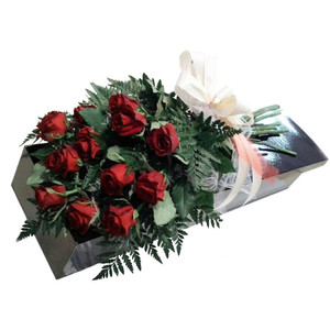 Wild Rose Florist Pic 2 - Classic Romance WRF78 One dozen long stemmed 60 70cm red roses beautifully presented in a classic black elegant rose box tied with satin ribbon and bow