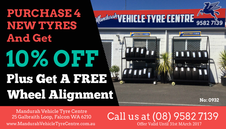 Mandurah Vehicle Tyre Centre Pic 1 - 10 OFF When You Purchase 4 New Tyres and Get A FREE Wheel Alignment