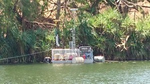 Geo Sonic Drilling Pic 5 - small pontoon with two rigs on for geotech investigation over water work