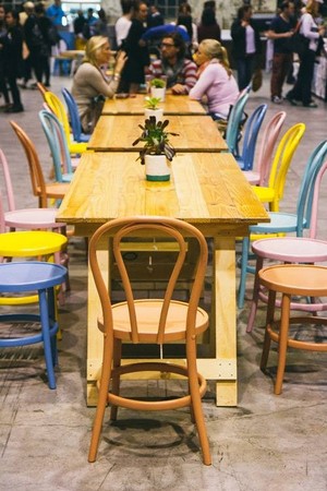 Folding Tables Direct Pic 2 - Reclaimed Timber Trestle Table for hire Thjese chairs not available White folding or stackable available