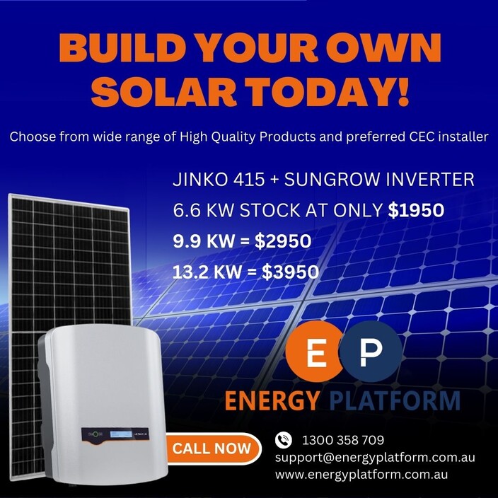 Energy Platform Pic 1 - Build Your Own Solar Today with Energy Platform Choose from wide range of High Quality Products and preferred CEC installer Jinko 415 Sungrow inverter 66 kW stock at only 1950 99 kW 2950 132 kW 3950 CALL NOW 1300 358 709