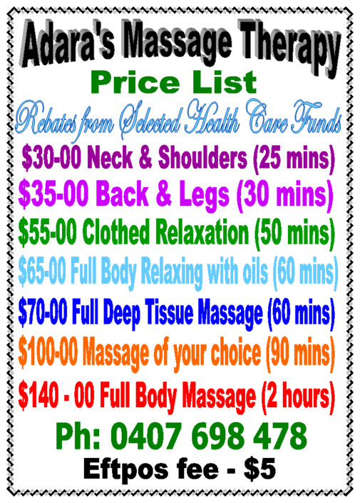 Adara's Massage Therapy Pic 1 - 2017 Massage Prices