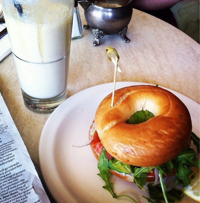 Katipo Coffee House Deluxe Pic 2 - Delicious bagel packed with cream cheese and salmon banana smoothie yum