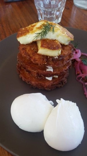 Shouk Cafe Pic 5 - Shouk Latke Stack 175 GF Polish potato pancake stack with cream cheese dill pickled red onions dukkah two poached eggs