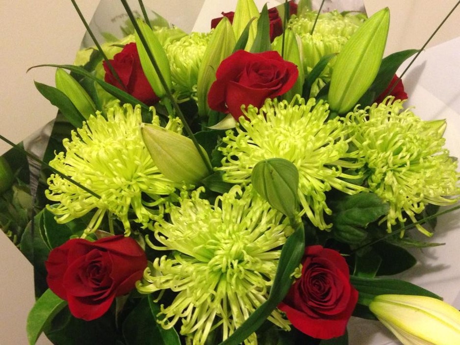 Belmont Florist Pic 1 - Roses White Oriental Lillies with green Disbud Chrysanthemums Perfect Mothers Day Gfit