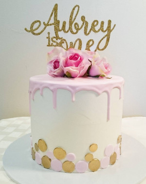 Casa Del Pic 2 - Double Stack 1st Birthday Cake Finished with White Fondant Dripping Pink Chocolate Silk Flowers and a customised Topper