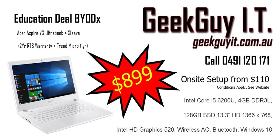 GeekGuy I.T. Pic 1 - Education Deal Acer Aspire V3 laptop Sleeve 2yr Acer Warranty 12mths Trend Micro Titanium Internet Security just 899 Onsite setup from 110 ph TCs geekguyitcomau