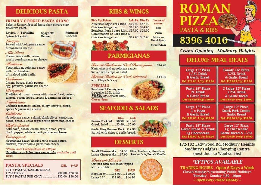 Roman pizza in modbury heights, adelaide, sa, takeaways truelocal