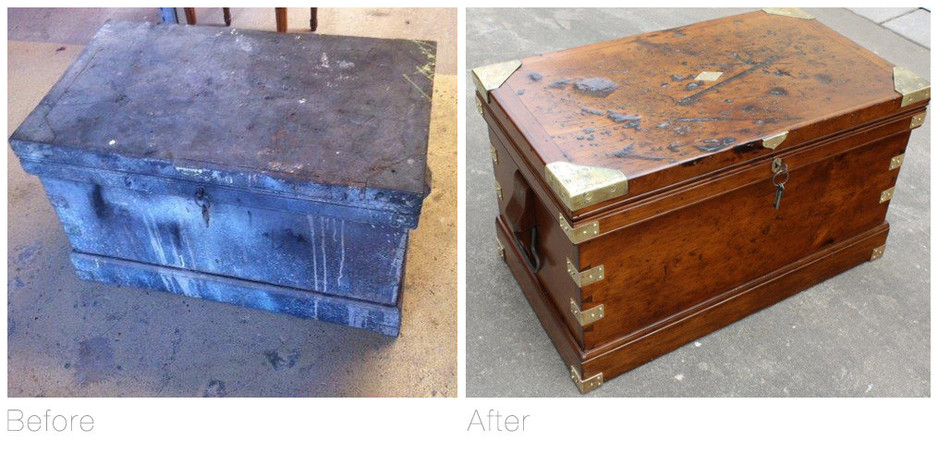 Giddens Furniture Restoration Pic 1 - Antique carpenters trunk Before and after restoration