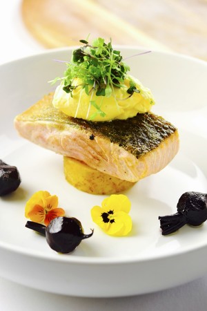 H&H Catering Pic 4 - Pan fried salmon w fondant potatoes baby beetroot watercress hollandaise sauce