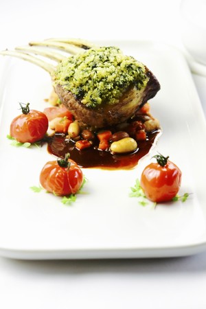 H&H Catering Pic 5 - Lamb rack w soft basil crust slow roasted cherry tomato bean lentil cassoulet rosemary jus