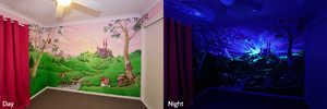 Art by Mieke Pic 5 - Fairy castle mural at night time lights up under UV light