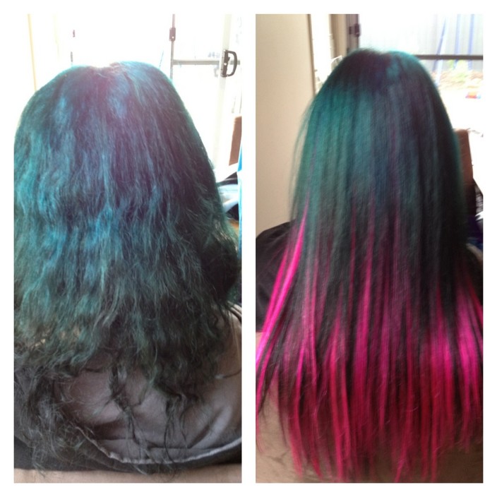 Luscious lengths hair and beauty Pic 1 - Before and after blue hair with hot pink and black tape wxtensions