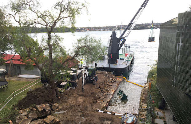 Boronia Marine Co Pic 1 - Craning sandstone blocks for seawall construction