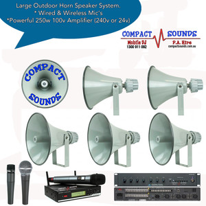 Compact Sound & Lighting Pic 5 - Waterproof Horn Speaker System Cover large crowds at outdoor events with our professional speaker system Can be run on 24volts when no mains power is available beach bush etc