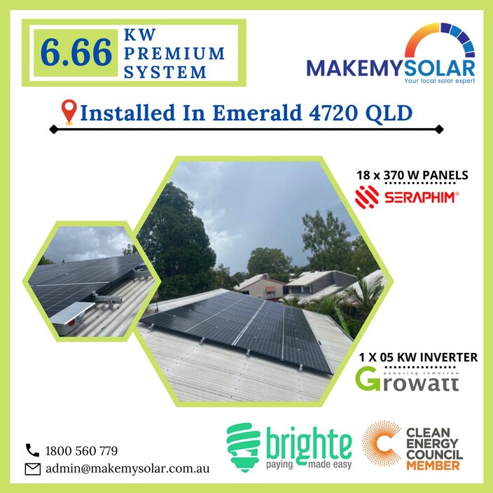 Make My Solar Pic 1 - 666 kW Solar Installation in Emerald 4720 QLD 18 x Seraphim 370 W Panel SRP370BMC 1 x Growatt 50 kW Inverter MIN 5000TLX 15 Years Panel Product Warranty 25 Years Panel Linear Output Warranty 10 Years Inverter Warranty