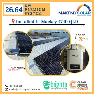 Make My Solar Pic 2 - 2664 kW Commercial Installation in Mackay 4740 QLD 72 x Seraphim 370 W Panels SRP370BMC 1 x Solax 20 kW Inverter ZDNYTL 20000 15 Years Panel Product Warranty 25 Years Panel Linear Output Warranty 5 Years Inverter Warranty