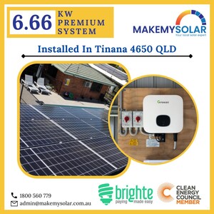 Make My Solar Pic 3 - 666 kW Solar Installation in Tinana 4650 QLD 18 x Seraphim 370 W Panel SRP370BMC 1 x Growatt 50 kW Inverter MIN 5000TLX 15 Years Panel Product Warranty 25 Years Panel Linear Output Warranty 10 Years Inverter Warranty