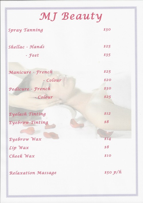 MJ Beauty Pic 1 - Price List