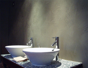 OUTSIDE THE SQUARE TILING Pic 5 - Cracked pebble vanity top with grey armuralia polished plaster walls