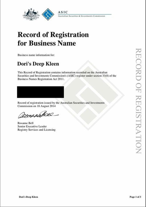 Dori's Deep Kleen Pic 1 - Certificate of Registration