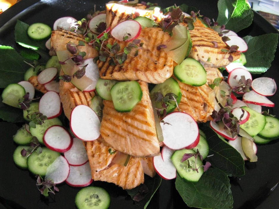 Simply Sensational Catering & Events Pic 1 - Grilled Atlantic Salmon Salad with radish and cucumber watermelon and lime dressing