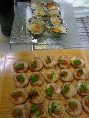 Pier 10 Pic 4 - Some Canapes at Pier 10 Restaurant Oysters with Estate Sparkling Granita rear Farmhouse Quail Terrine in front