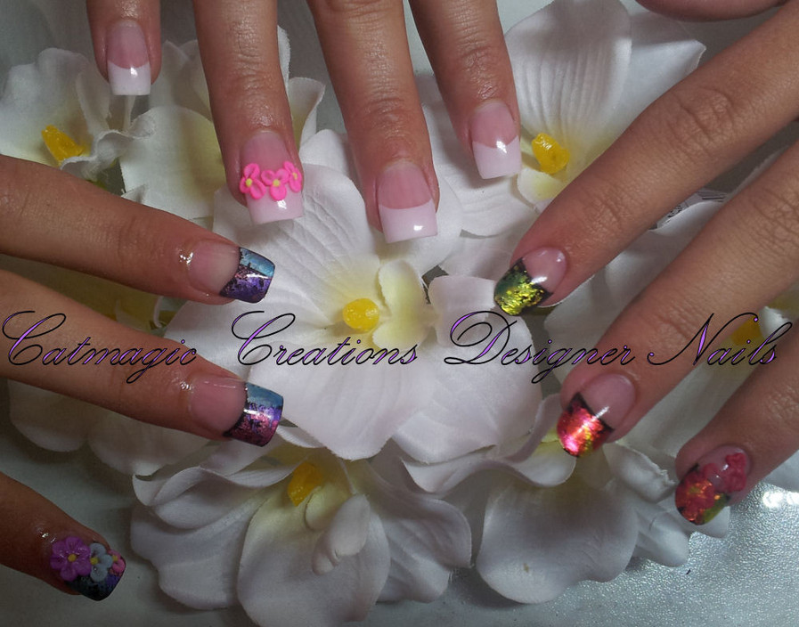 Catmagic Creations Designer Nails Pic 1 - acrylic french and foiled nails with 3d flower feature nails