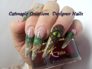 Catmagic Creations Designer Nails Pic 5 - Gel designer stiletto nails with snakeskin and dragon eye feature nails