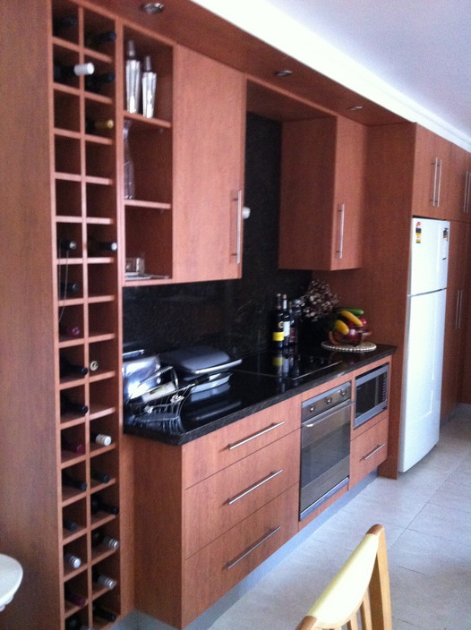 Harry's Kitchens Pic 1 - Custom Wine Rack Granite Bench Top Splash Back Open Shelves With Swiss Pear Lamiwood Doors