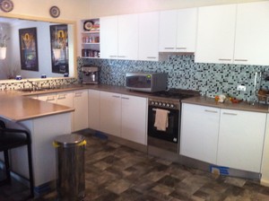 Harry's Kitchens Pic 4 - Polo White Doors Latte Bench Top With Glass Mosaic Splash Back