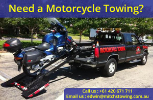 Mitch's Car Removals and Towing Pic 2 - Motorcycle Towing We have a safe and professional method transporting your valued motorcycle with proven loading and unloading methods