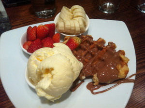 Max Brenner Chocolate Bar Pic 3 - Chocolate waffles with ice cream banana and strawberries