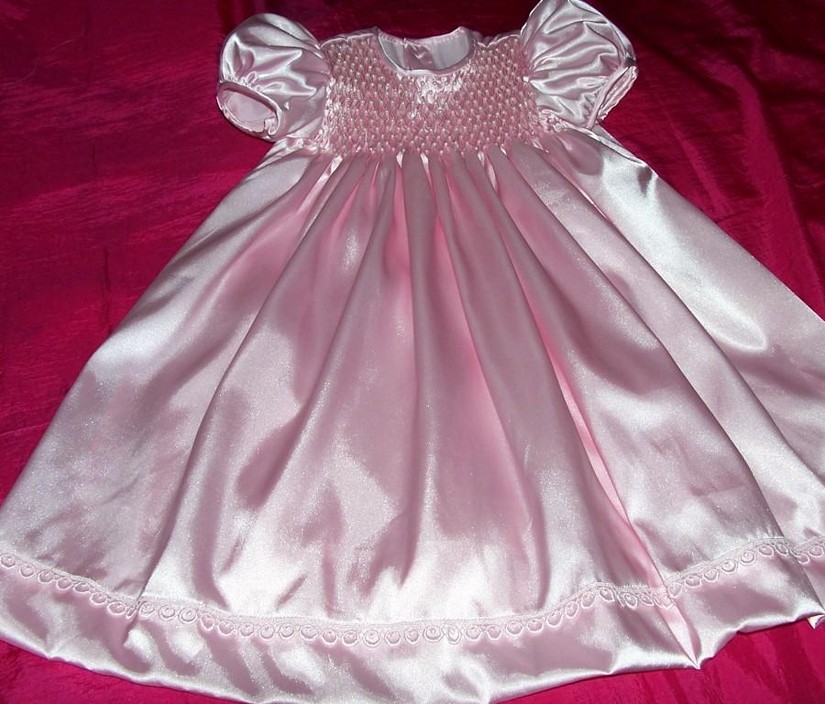 christening wear by cutiepye Pic 1 - christening satin smocked honeycomb pearls on each corner