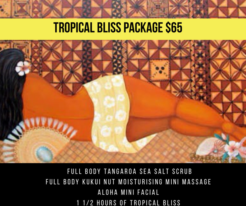 Pono Pasifika Pic 1 - 30 minute Full Body Tangaroa Sea Salt Scrub 30 minute Full Body Kukui Nut Moisturising Mini Massage 30 Minute Aloha Mini Facial 1 12 hours of Tropical Bliss 65