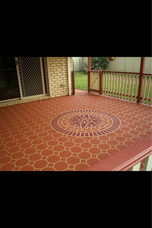 Ideal Decorative Coatings Pic 3 - Quakers Hill spray on paving Base coat Sandy Biege Top coat Terracotta Stencil Diamond Tile Border Edge Brick Heritage red Star compass Heritage Red