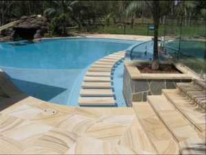 Pavers Melbourne Pic 3 - Teakwood sandstone pool coping and tiles