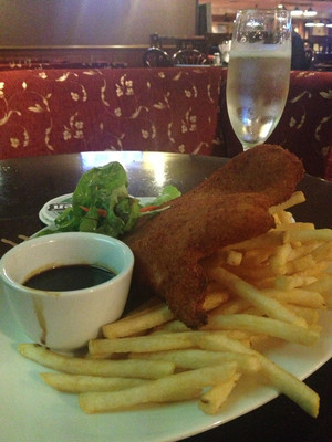 The Menzies Sydney Pic 3 - Chicken schnitzel fries salad with Prosecco