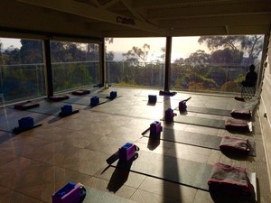 Yoga on the Deck Pic 2 - Our deck in winter protected by cafe blinds to keep out the cold but not the view